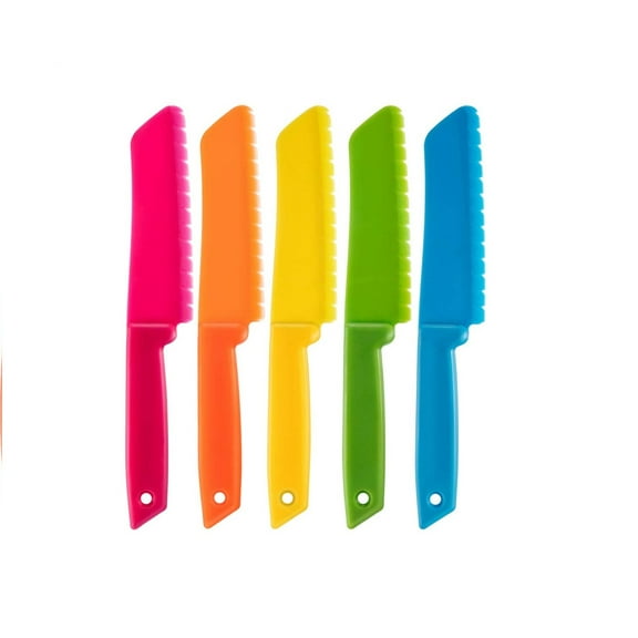 5 Pieces Kid Plastic Kitchen Knife Set, Children's Safe Cooking Chef Nylon Knives for Fruit, Bread, Cake, Salad, Lettuce Knife