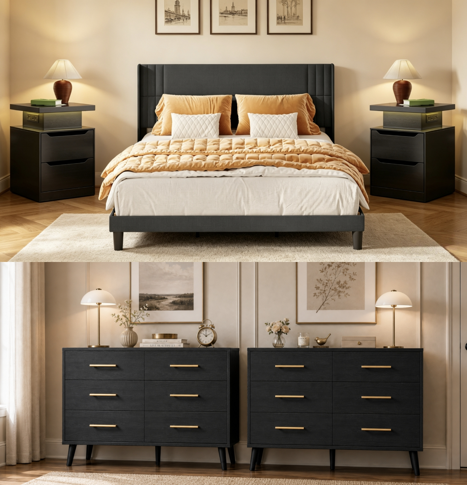 5 Pieces Kingsize Bedroom Furniture Set,Includes Kingsize Bed Frame,6-Drawers Dressers of 2,Nightstand Sets with Mental Handles for Bedroom,Black