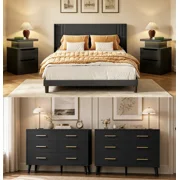 5 Pieces Kingsize Bedroom Furniture Set,Includes Kingsize Bed Frame,6-Drawers Dressers of 2,Nightstand Sets with Mental Handles for Bedroom,Black