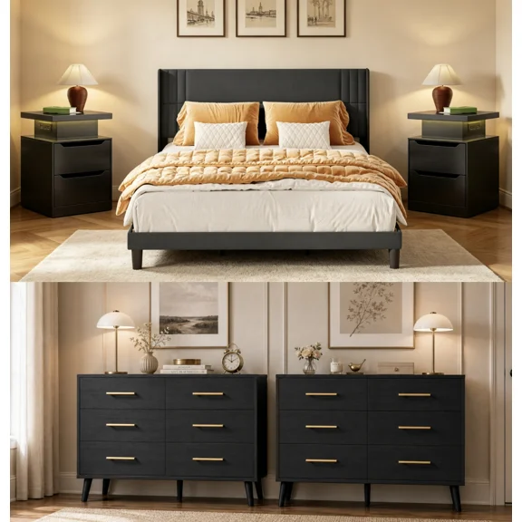 5 Pieces Kingsize Bedroom Furniture Set,Includes Kingsize Bed Frame,6-Drawers Dressers of 2,Nightstand Sets with Mental Handles for Bedroom,Black