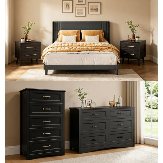 5 Pieces Kingsize Bedroom Furniture Set,Includes Kingsize Bed Frame,6-Drawers Dressers of 2,Nightstand Sets with Mental Handles for Bedroom,Black
