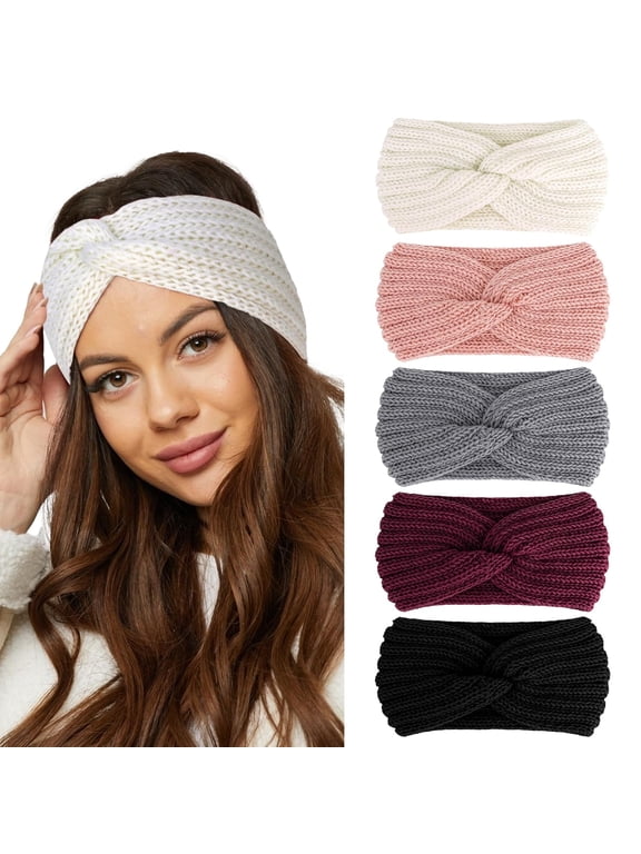 5 Pieces Knit Wide Winter Headbands for Women,Crochet Turban Headbands for Women, Stretch Knit Wide Headbands Winter Ear Warmer Thick Head Band,Head Warmer for Women Soft