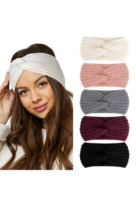 5 Pieces Knit Wide Winter Headbands for Women,Crochet Turban Headbands for Women, Stretch Knit Wide Headbands Winter Ear Warmer Thick Head Band,Head Warmer for Women Soft