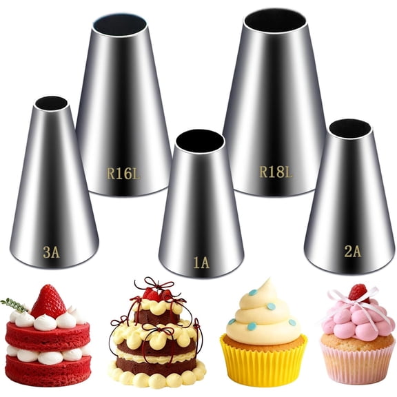 5 Pieces Large Round Piping Tip Set, Stainless Steel | Professional Cake Decorating, Frosting Tip, For Cupcakes Cakes Cookies