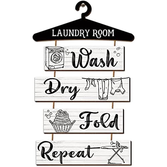 5 Pieces Laundry Room Decor Rustic Vintage Farmhouse Room Rules Hanging Sign Wooden Wash Dry Fold Repeat Laundry Accessories for Bathroom,Home 19.7 x 11 Inch(White Backing)