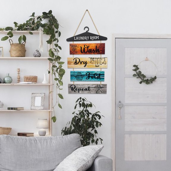 5 Pieces Laundry Room Decor Rustic Vintage Farmhouse Room Rules Hanging Sign Wooden Wash Dry Fold Repeat Laundry Accessories for Bathroom, Home Decor