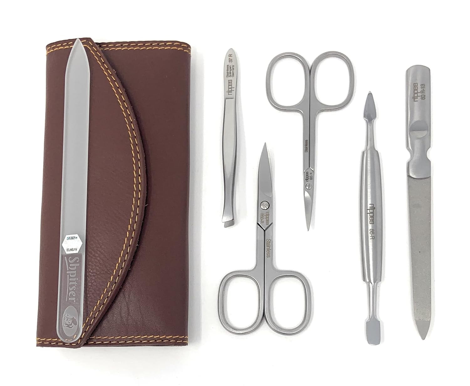 5-Pieces Luxury German Manicure Pedicure Set Premium Stainless Steel Grooming Kit in Genuine Cowhide Leather Case with Bonus Shpitser Crystal Glass Professional Nail File