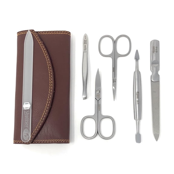 5-Pieces Luxury German Manicure Pedicure Set Premium Stainless Steel Grooming Kit in Genuine Cowhide Leather Case with Bonus Shpitser Crystal Glass Professional Nail File