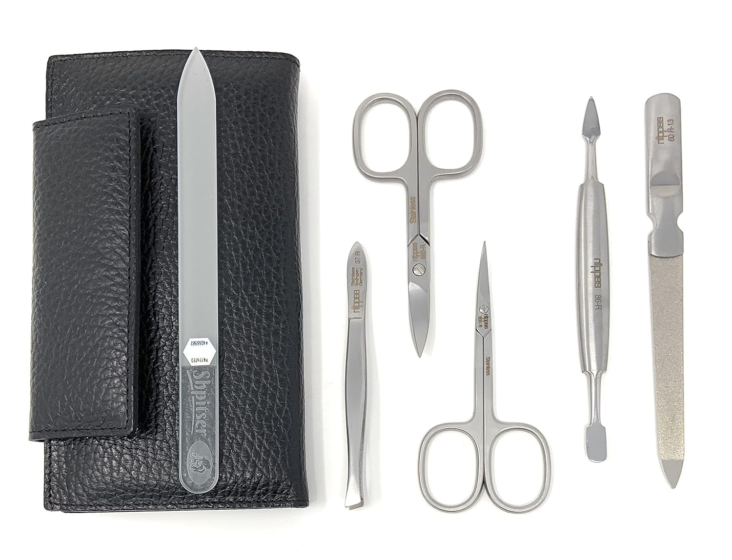 5-Pieces Luxury German Manicure Pedicure Set Premium Stainless Steel Grooming Kit Hand in Genuine Cowhide Leather Case with Bonus Shpitser Crystal Glass Professional Nail File
