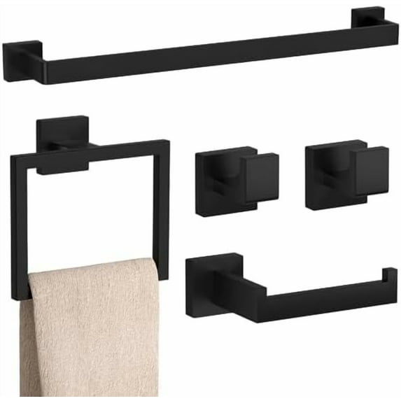 5-Pieces Matte Black Bathroom Accessories Set, 23.6 Inch Bath Towel Bar ...