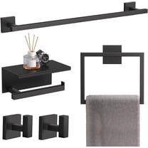5-Pieces Matte Black Bathroom Hardware Accessories Set 23.6" SUS304 Stainless Steel Towel Bar Set Wall Mounted Square Toilet Paper Holder with Shelf