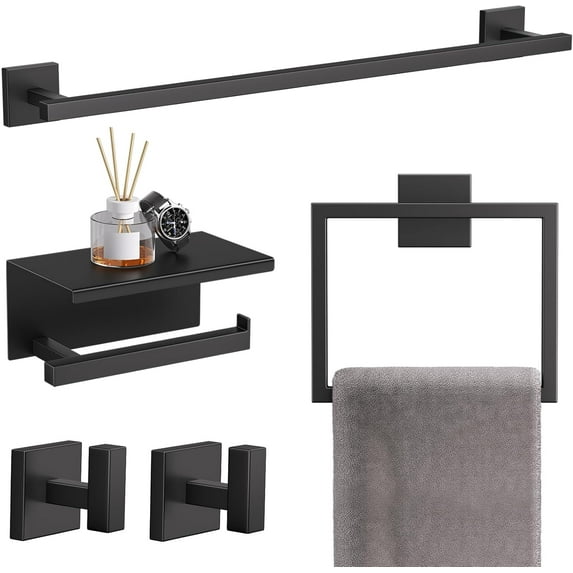 5-Pieces Matte Black Bathroom Hardware Accessories Set 23.6" SUS304 Stainless Steel Towel Bar Set Wall Mounted Square Toilet Paper Holder with Shelf