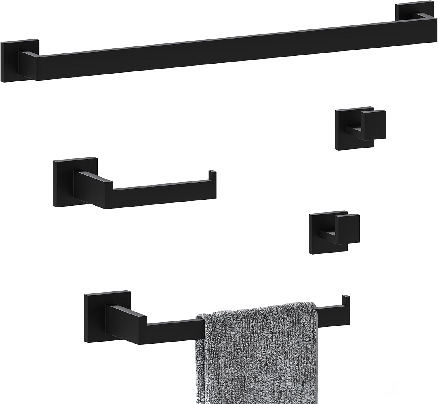 5-Pieces Matte Black Bathroom Hardware Accessories Set: Heavy Duty Bath Towel Bar Set with 24 ...