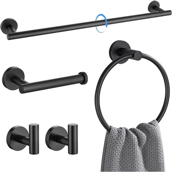 5-Pieces Matte Black Bathroom Hardware Accessories Set, Including 24 Inch Bath Towel Bar, Toilet Paper Holder, Towel Ring, Robe Towel Hooks, Round Towel Racks for Bathroom Wall Mounted