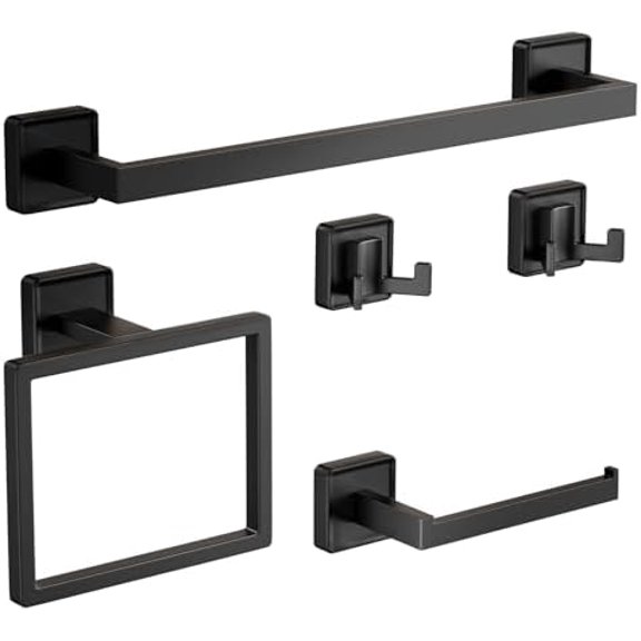 5-Pieces Matte Black Bathroom Hardware Accessories Set, SUS304 Stainless Steel Bath Towel Bar Set, 15.6 Inch Bath Towel Bar Set，Towel Racks for Bathroom Wall Mounted.