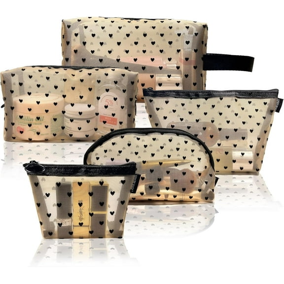 5 Pieces Mesh Heart Makeup Bags Sets, Zipper Mesh Cosmetic Bag Toiletry Bag, Portable Travel Makeup Bags for Women, Organizer Bags for Home Office Travel (Beige)