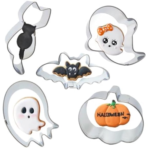 5 Pieces Mini Halloween Cookie Cutters, Size 2.2" to 2.6" Small Stainless Steel Molds Ghost, Cat, Bat, Pumpkin Holiday Shapes for Halloween Party Decorations