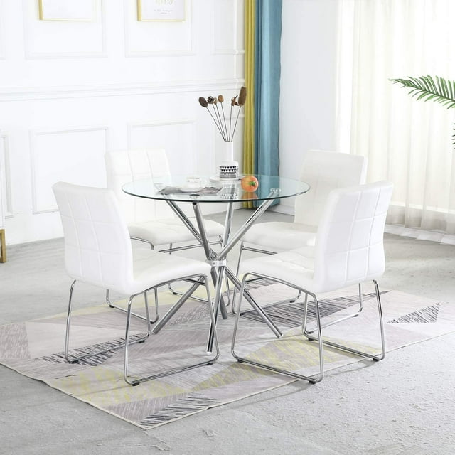 5 Pieces Modern Dining Set Round Glass Table and 4 PU Leather Chairs