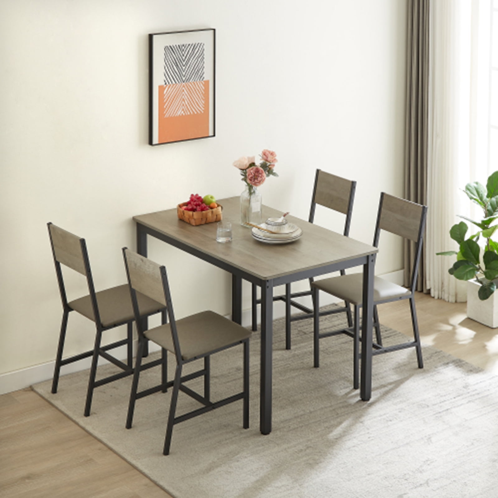 5 Pieces Modern Dining Table Set, Kitchen Wooden Rectangle Table Set ...
