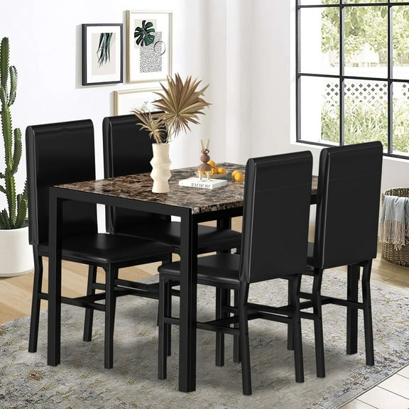 5 Pieces Modern Kitchen Dining Table Set, Faux Marble Rectangular Breakfast Table with 4 Piece Upholstered Metal Dining Chairs, Dining Table and Chairs with Metal Legs, Black, SS1292