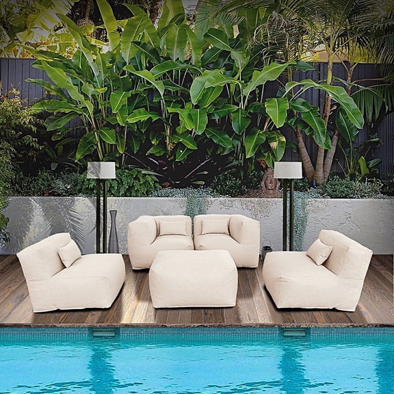 5 Pieces Olefin Patio Conversation Set with Thickened Cushions 4-Seat Outdoor Furniture Set with Bean Bag Chairs (Light Beige)
