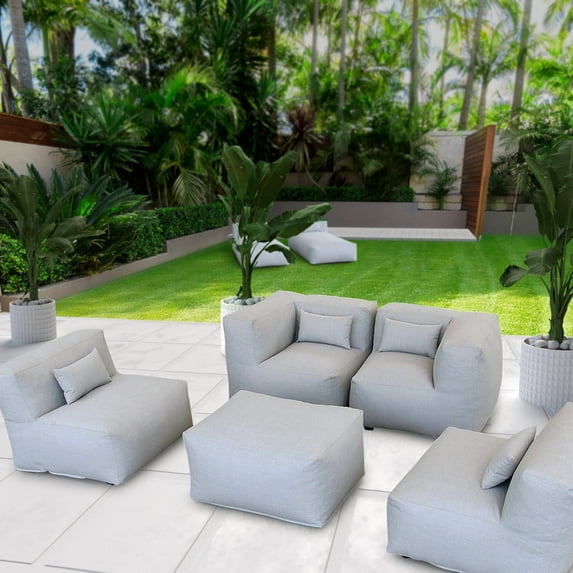 5 Pieces Olefin Patio Conversation Set with Thickened Cushions 4-Seat Outdoor Furniture Set with Bean Bag Chairs (Light Gray)