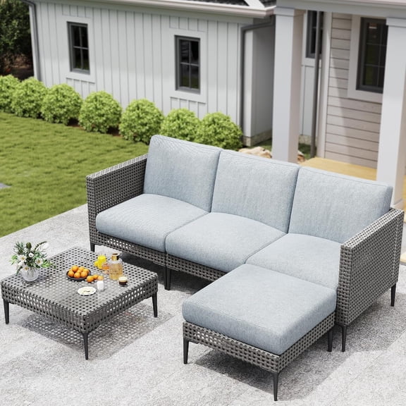 5 Pieces Outdoor Patio Conversation Set  Rattan L-Shaped Corner Sofa Comfortable Thickening Cushions for Garden, Balcony,Weatherproof Waterproof UV Resistance