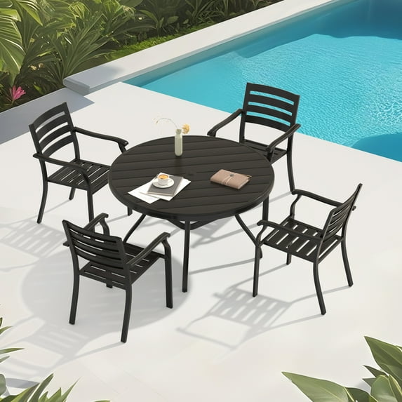 5 Pieces Outdoor Patio Dining Set, 4 Stackable Metal Dining Chairs and 40.6" Round Metal Dining Table,