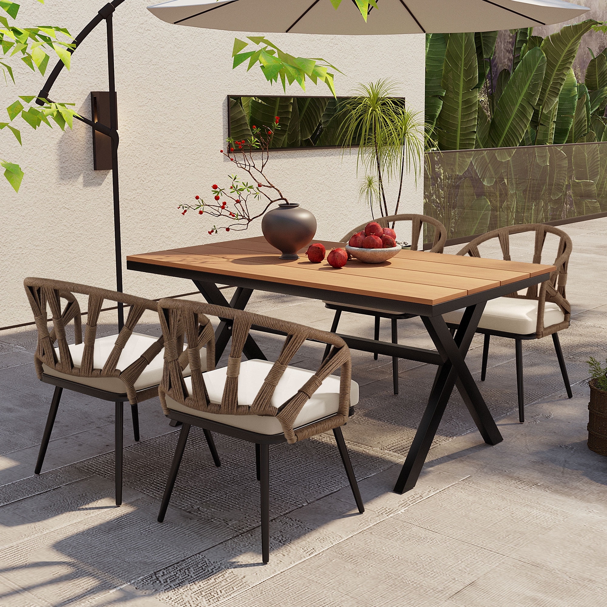 5 Pieces Outdoor Patio Dining Set, Outdoor Contemporary Acacia Wood Table and Chairs Set for Garden & Poolside, Brown