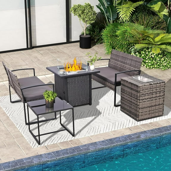 5 Pieces Outdoor Patio Furniture Set with 28”Gas Fire Pit Table, Wicker Rattan Outdoor Sectional Patio Furniture Set w/Ice Bucket Storage Box,Black-Beige