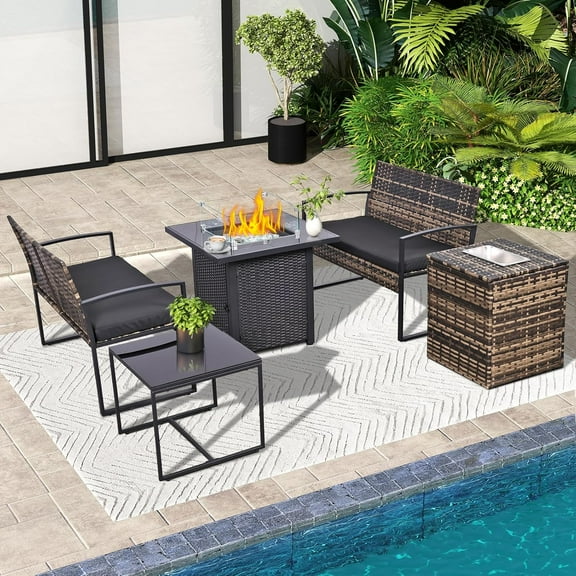 5 Pieces Outdoor Patio Furniture Set with 28”Gas Fire Pit Table, Wicker Rattan Outdoor Sectional Patio Furniture Set w/Ice Bucket Storage Box,Black-Beige