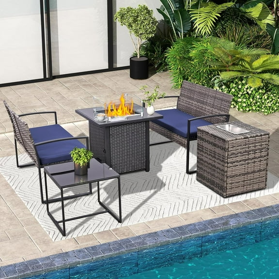 5 Pieces Outdoor Patio Furniture Set with 28”Gas Fire Pit Table, Wicker Rattan Outdoor Sectional Patio Furniture Set w/Ice Bucket Storage Box,Black-Beige