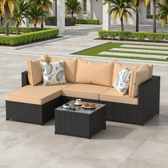 5 Pieces Outdoor Patio Furniture Set Sectional with Ottoman Wicker Rattan Patio Couch,Khaki