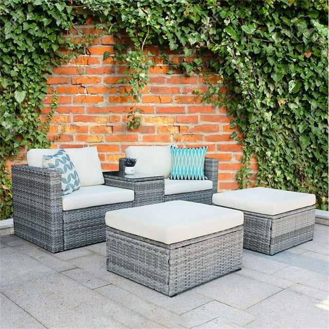 5 Pieces Outdoor Patio Sectional Sofa Set, Gray Rattan and Beige Cushion with Weather Protecting Cover, Patio Sofa Sets with 2 Rattan Chairs, 2 Pieces Patio Rattan Ottomans and Coffee Table