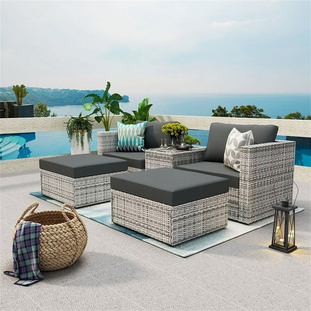 5 Pieces Outdoor Patio Sectional Sofa Set, Gray Rattan and Cushion with Weather Protecting Cover, Patio Sofa Sets with 2 Rattan Chairs, 2 Pieces Patio Rattan Ottomans and Coffee Table