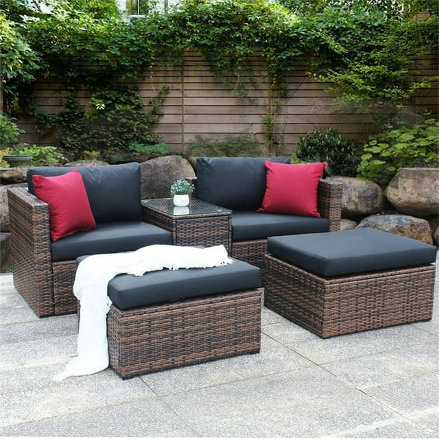 5 Pieces Outdoor Patio Sectional Sofa Set, Rattan and Black Cushion with Weather Protecting Cover, Patio Sofa Sets with 2 Rattan Chairs, 2 Pieces Patio Rattan Ottomans and Coffee Table
