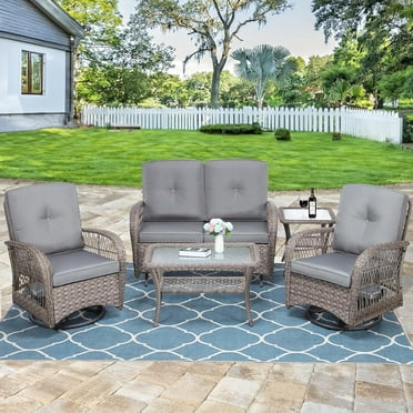 5 Pieces Outdoor Wicker Patio Furniture Set, All Weather Patio Conversation Cushioned Sectional Sofa Set with Glider Loveseat/2 Swivel Rocking Chairs/2 Matching Glass Coffee Table, Gray