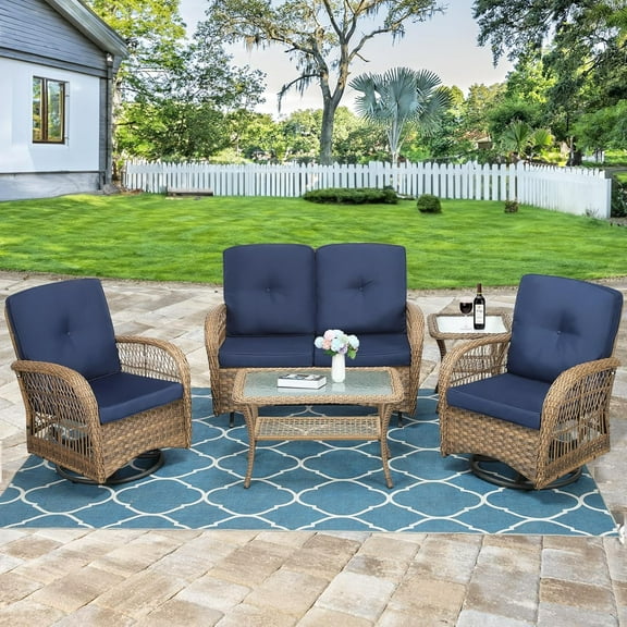 5 Pieces Outdoor Wicker Patio Furniture Set, All Weather Patio Conversation Cushioned Sectional Sofa Set with Glider Loveseat/2 Swivel Rocking Chairs/2 Matching Glass Coffee Table, Navy