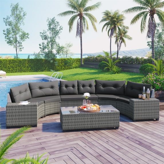 8 Pieces Outdoor Wicker Round Furniture Set, All Weather Half-Moon Sectional Patio Sofa Sets with Rectangular Coffee Table, Gray