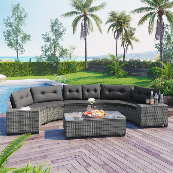 8 Pieces Outdoor Wicker Round Furniture Set, All Weather Half-Moon Sectional Patio Sofa Sets with Rectangular Coffee Table, Gray