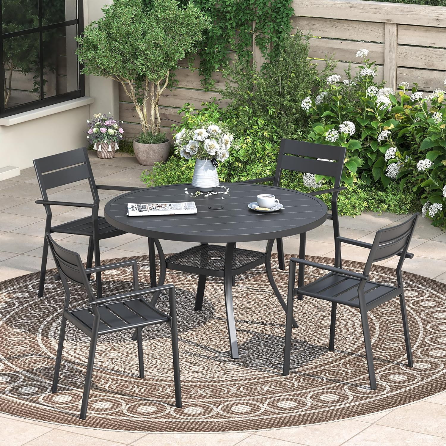 5 Pieces Patio Dining Set, 41" Round Dining Table with Umbrella Hole, 4 ...
