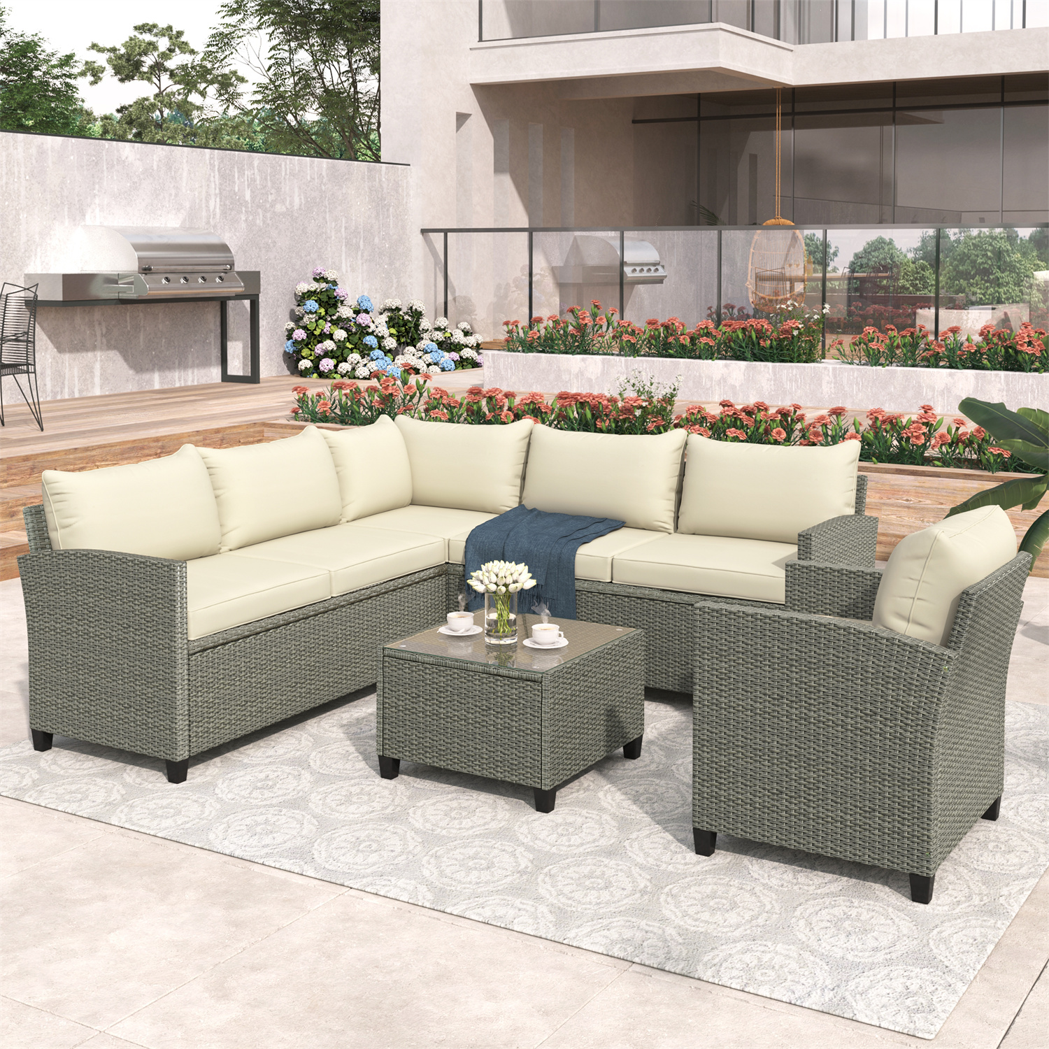 5 Pieces Patio Furniture Sectional Sets, Outdoor AllWeather PE Rattan