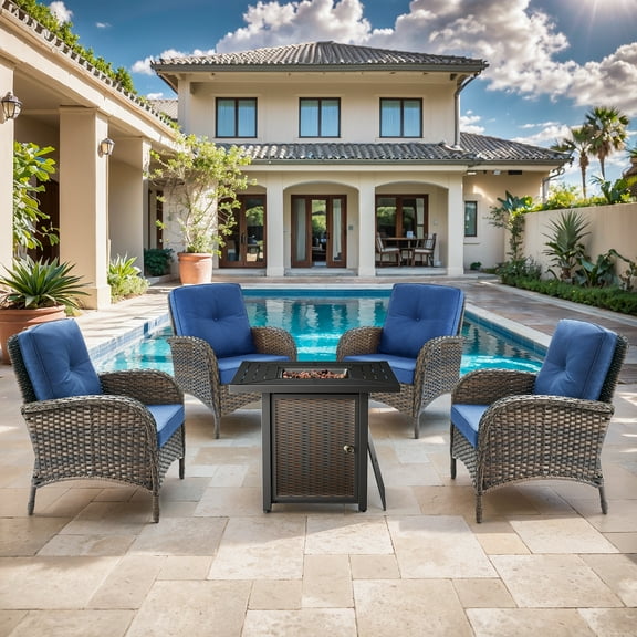 OPOHORO 5 - Pieces Patio Furniture Set with 30" Square Fire Pit Table, Outdoor Conversation Sets with 4 Lounge Chairs and Cushions, for Garden Lawn Balcony, Blue