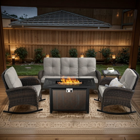 OPOHORO 5 - Pieces Patio Furniture Set with 43" Rectangular Fire Pit Table, Outdoor Conversation Sets with Glider Chairs and Glass Side Table, for Garden Lawn Balcony, Beige Cushion