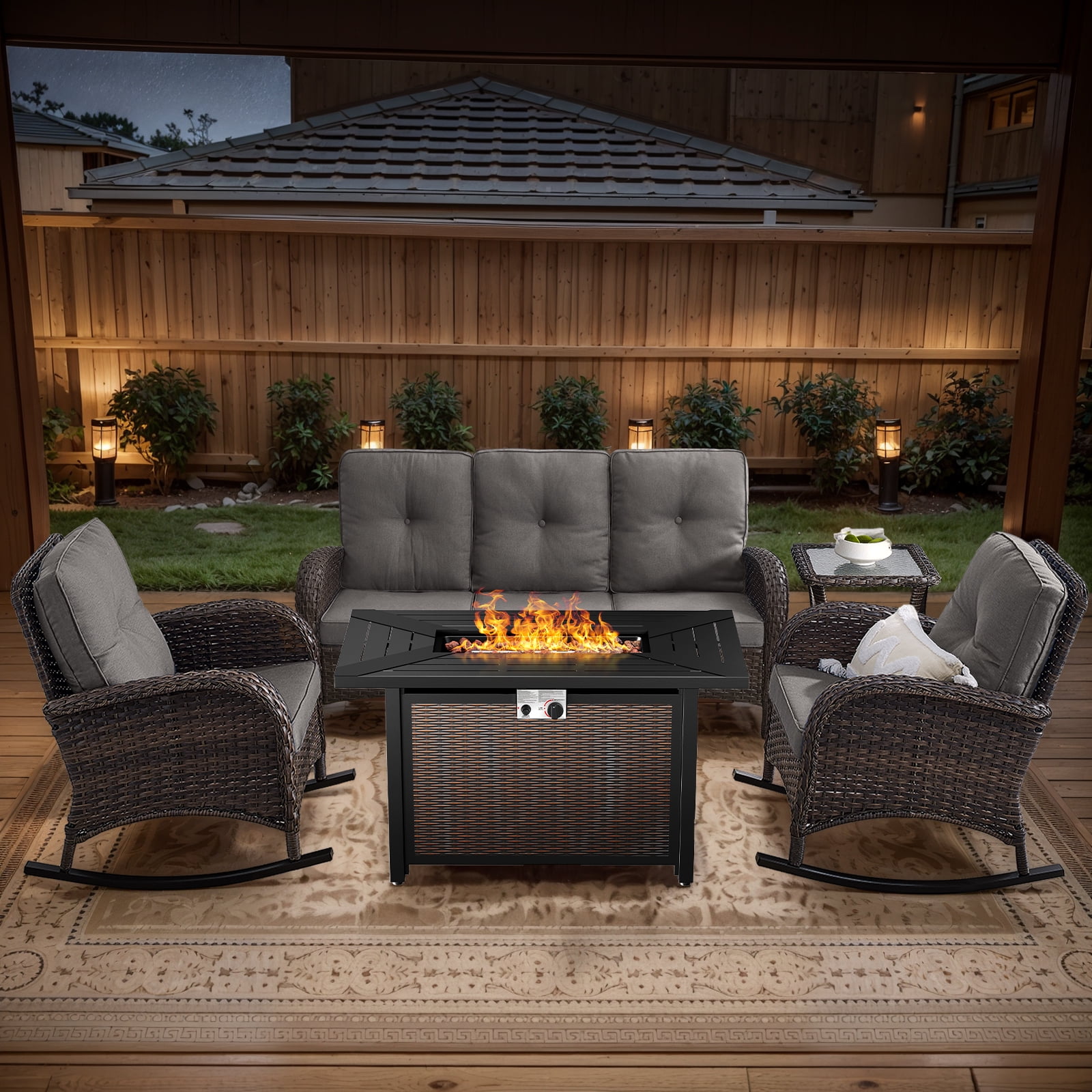 OPOHORO 5 - Pieces Patio Furniture Set with 43" Rectangular Fire Pit Table, Outdoor Conversation Sets with Glider Chairs and Glass Side Table, for Garden Lawn Balcony, Gray Cushion