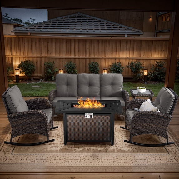OPOHORO 5 - Pieces Patio Furniture Set with 43" Rectangular Fire Pit Table, Outdoor Conversation Sets with Glider Chairs and Glass Side Table, for Garden Lawn Balcony, Gray Cushion