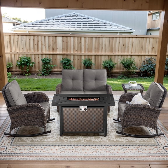 OPOHORO 5 - Pieces Patio Furniture Set with 43" Rectangular Fire Pit Table, Outdoor Conversation Sets with Glider Chairs and Gliding Loveseat, for Garden Lawn Balcony, Gray Cushion