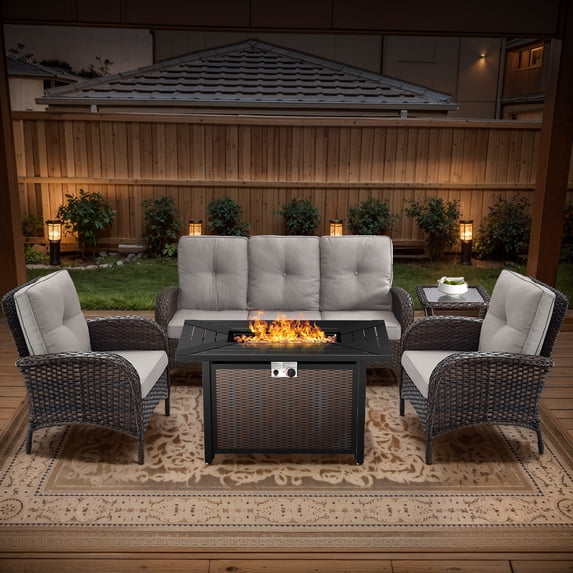 OPOHORO 5 - Pieces Patio Furniture Set with 43" Rectangular Fire Pit Table, Outdoor Conversation Sets with Lounge Chairs and Glass Side Table, for Garden Lawn Balcony, Beige Cushion