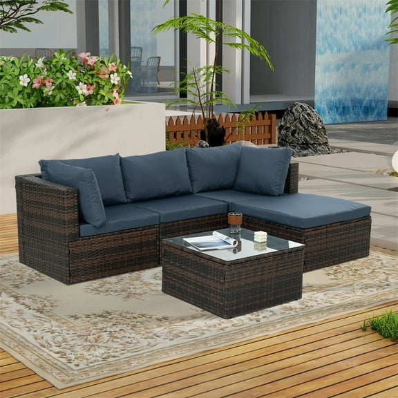 Aminy 5-Piece All-Weather Wicker Rattan Sectional Patio Sofa Set with Cushion and Glass Table, Blue