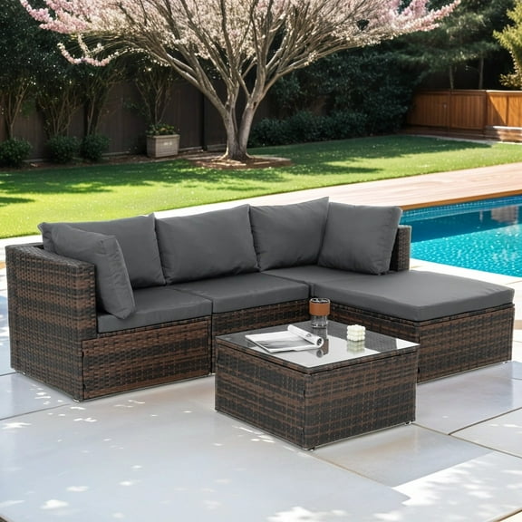 5 Pieces Patio Furniture Set, All Weather Outdoor Sectional Patio Sofa Manual Weaving Wicker Rattan Patio Seating Sofas with Cushion and Glass Table, Grey